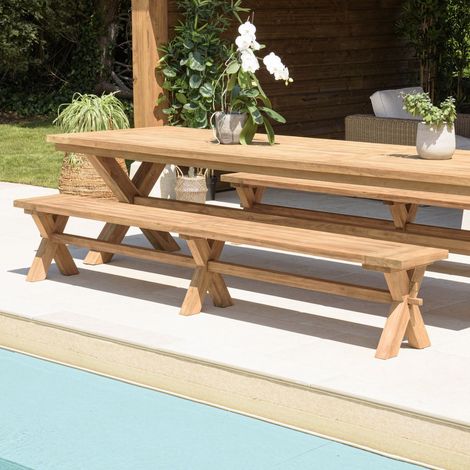 Macabane – Banc de jardin 270x35cm en teck recyclé – Pieds croisés – Espace généreux pour moments conviviaux en extérieur (1/5)