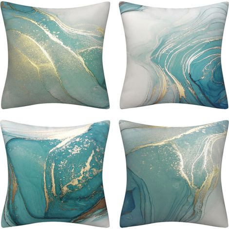 Lot de 4 Housse de Coussin 45x45cm, Taie d'oreiller Décoratif Canapé en Coton et Lin pour Canapé Lit Chambre Chaise Jardin-Vagues Bleues