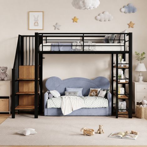 CHICFURN Cama alta 90x200 cm de metal negro con escalera, almacenaje y sin colchón (1/5)