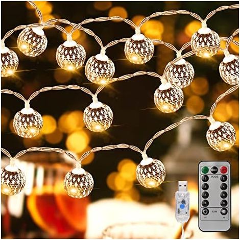 Guirlande lumineuse LED intérieure – Guirlande lumineuse USB d'extérieur – 40 boules marocaines en argent avec télécommande pour chambre, balcon, mariage, décoration de sapin de Noël, 6 m Blanc chaud (1/5)