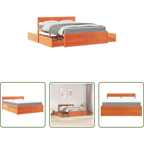 vidaXL Tiroirs de lit - Lit avec tiroirs/matelas cire marron 160x200 cm bois massif pin (1/5)