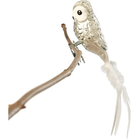Oiseau en verre, chouette à neige avec plume naturelle, bijou en verre, oiseau décoratif avec clip, oiseau en verre, véritable décoration de sapin de Noël (1/4)