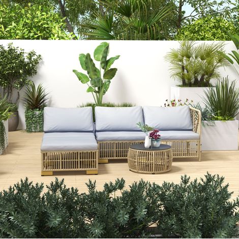 Set da giardino in rattan 4 posti beige con cuscini, tavolino in vetro temperato e struttura in acciaio (1/5)
