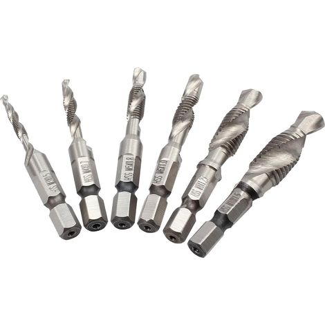 Jeu de 6 tarauds combinés 1/4" HSS M3-M10 Vis à tige hexagonale Outils Tarauds pour bois, plastique, aluminium, métal argenté, 6 pièces (1/5)
