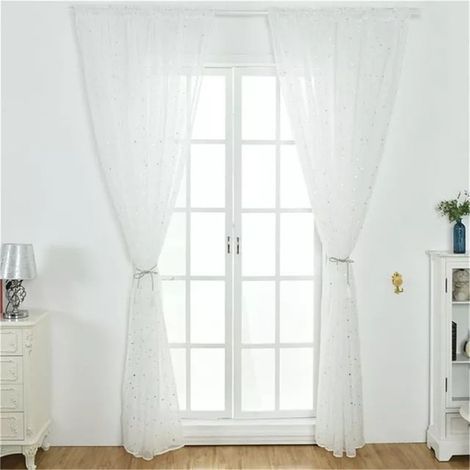 Rideau Voile - 100 x 200 cm - Poche Pour Tringle - Motif Étoiles Argentées - Tissu Léger Filtrant La Lumière - Pour Salon Chambre
