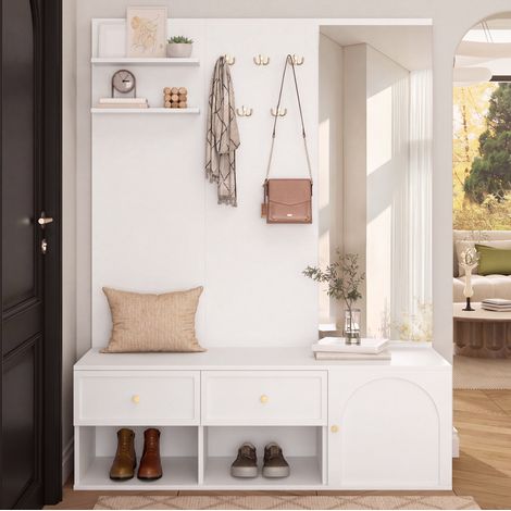 Meuble d’entrée 120x35x159 cm en panneau de particules blanc avec miroir et rangement – MEUBLIV (1/5)