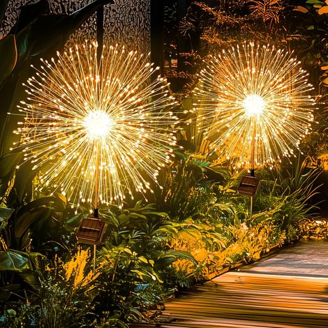 Lot de 2 lampes solaires pour extérieur et jardin - 150 LED blanc chaud - 8 modes - Étanche - Pissenlit - Prise solaire - Pour allée, pelouse, balcon (1/5)