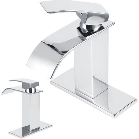 Robinet de lavabo en laiton à bec large standard 3/8" (9,5 mm), monotrou, effet cascade, eau chaude et froide. (1/5)