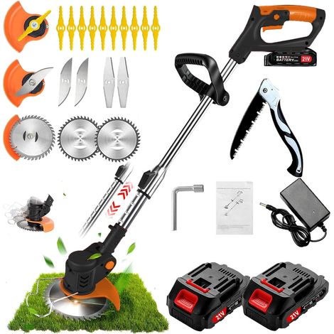 Débroussailleuse de jardin avec lames métalliques, débroussailleuse sans fil avec 2 batteries et chargeur britannique (1/5)