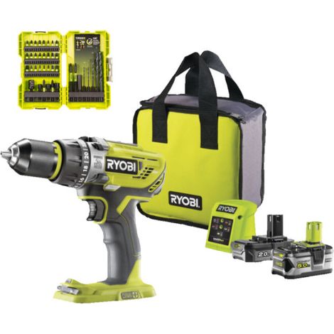 Confezione RYOBI Trapano avvitatore a percussione R18PD31-252S - 18V - Batterie 2.0Ah e 5.0Ah - Caricabatterie - Set di