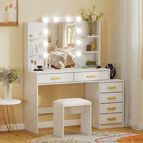 Tavolo da trucco con specchio illuminato e sgabello imbottito, set per il trucco con 6 cassetti e ripiani, bianco