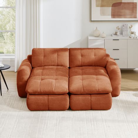 Sofá modular de 2 plazas 194/160/68 cm de chenilla naranja con 2 pufs, sin montaje (1/5)