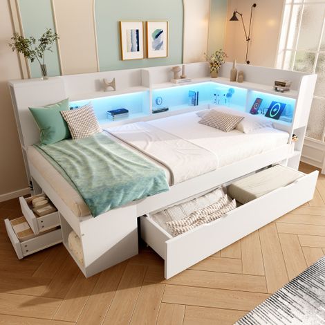 Cama con cajones 90x200 cm - Cama individual de madera para adolescente, con iluminación LED, estación de carga USB/Type-C, estantes, cajones, somier - Blanca - Sin colchón (1/5)