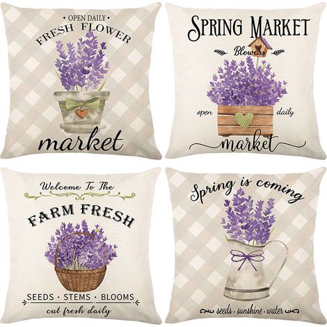 Ahlsen Juego de 4 fundas de cojín decorativas con flores de lavanda moradas, 18.0 x 18.0 in, fundas de cojín decorativas de lino y poliéster para sofá al aire libre, sofá, jardín, dormitorio (1/5)