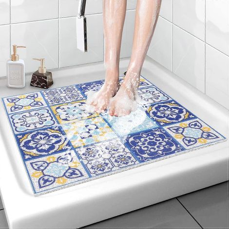 Tapis de douche antidérapant 60x60cm - Tapis de bain de sécurité doux et confortable avec trous de drainage, tapis de douche massant en PVC (1/4)