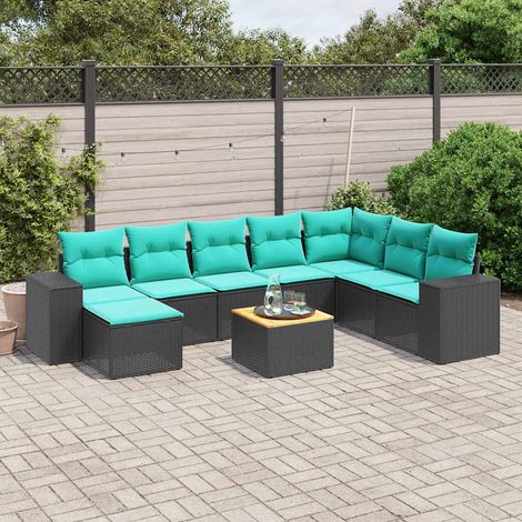 9-teiliges Gartensofa-Set mit Kissen, schwarzes Polyrattan (1/5)