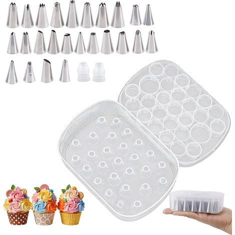 27-Grid Douille Organisateur Boîte avec 25 Douille & 2 Connecteurs, Réutilisable Gâteau Décorer Kit Cuisson Stockage pour Sans Soudure Buses Gâteau Outil Bijoux Perles Petit Artisanat (1/5)