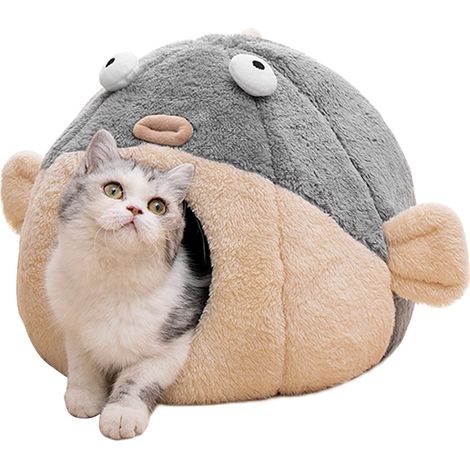 Lit pour Chat d'intérieur – Niche avec Coussin Amovible et Lavable – en Peluche Douce sans déformation – Motif Poisson-gonflé Vivant – Gris, Plusieurs Tailles (L) (1/5)