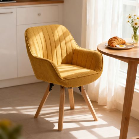 Fauteuil repas pivotant en tissu jaune et pieds bois - GRISTA