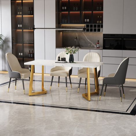 Esstisch MDF in Weiß mit Marmoroptik, goldfarbenes Metallgestell, 117x68x75 cm