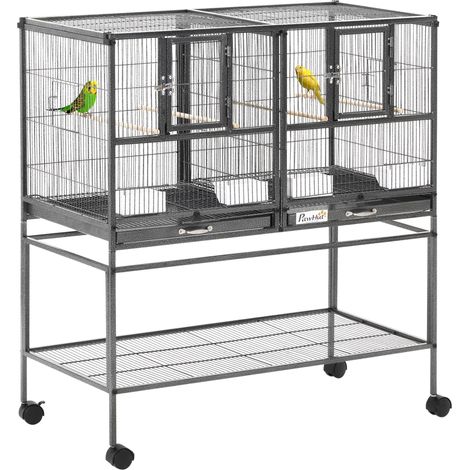 Cage à oiseaux sur pied double 95 x 45,5 x 102 cm séparation amovible et plateau coulissant industriel en métal noir (1/5)