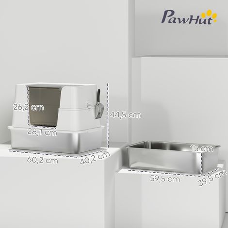 Litière pour chat en acier inoxydable, grand espace intérieur XL, avec pelle, gris clair. (1/5)