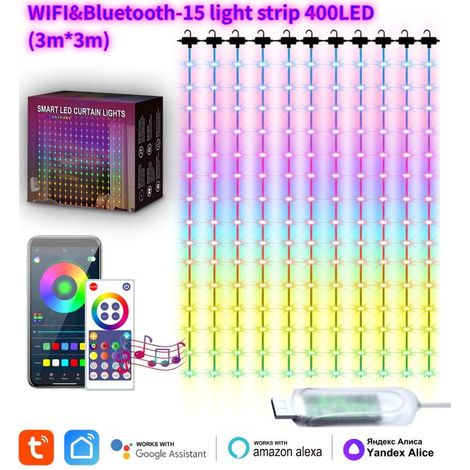 Rideau lumineux intelligent RGBIC, télécommande 3M x 3M et contrôle APP, rideau lumineux 400 LED pour fond de patio de chambre à coucher (1/5)