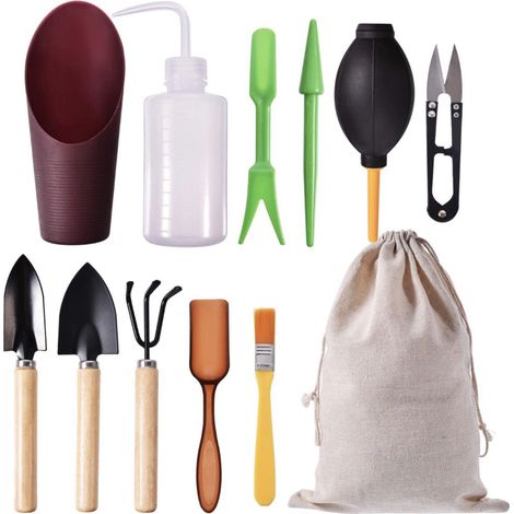 Ensemble de 12 outils de jardinage miniatures pour bonsaïs, plantes succulentes et rempotage.