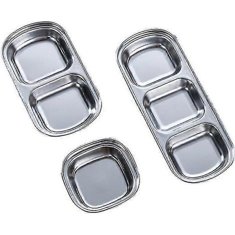 Ensemble de 3 assiettes à trempette en acier inoxydable, pratiques pour les fondues, avec sous-plat et soucoupe. (1/5)