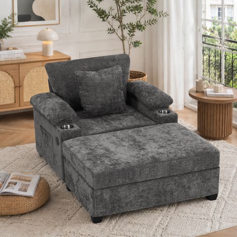 Sillón reclinable de chenilla gris oscuro con portavasos y USB HAVRYA (1/5)