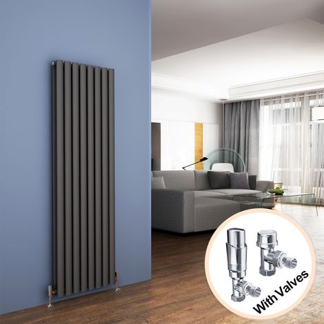 ELEGANT Vertical Column Designer Radiator Anthracite Oval Double Panel Rad 1600 x 472mm + Chrome Thermostatic Radiator Valves (1/5)