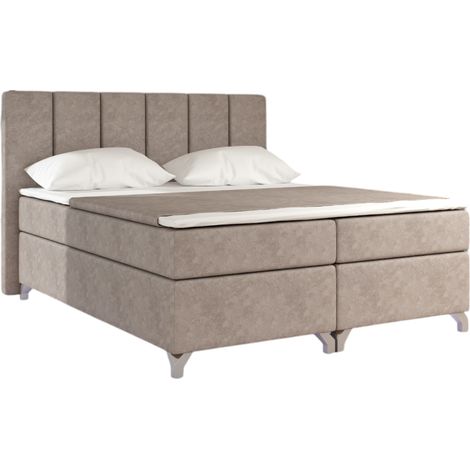 Les Tendances – Lit boxspring 160x200 cm tissu beige – Housse en tissu résistant – Tête de lit rembourrée – Lumières LED avec télécommande (1/4)