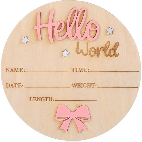 Panneau en bois rose personnalisé pour bébé - Bonjour du monde - Panneau de bienvenue pour nouveau-né - Rond - En bois - Affichage de naissance pour futurs parents enceintes (1/5)