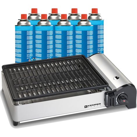 Kemper – Barbecue à gaz portable 1900W – Brûleur inox – Plaque anti-adhésive – 8 cartouches butane – Compact et léger pour camping et terrasse (1/5)