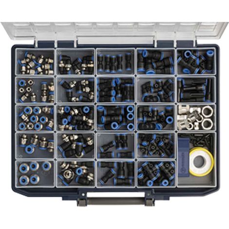 Boîte de rangement pour outils – 171 pièces – Inserts étiquetés – Compartiments modulables en plastique – Pour connecteurs rapides Série Bleue – Holthaus Medical