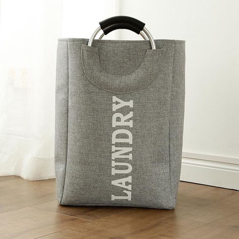 Panier de rangement en tissu gris 32x28x49cm, corbeille pliable à poignée en aluminium pour linge sale, coffre de stockage domestique avec anse métallique (1/4)