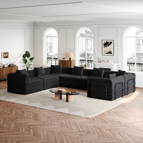 Sofá cama de chenilla convertible con cojines, sillón, sofá tapizado con reposabrazos y almacenaje - Combinación libre, 6 plazas, negro