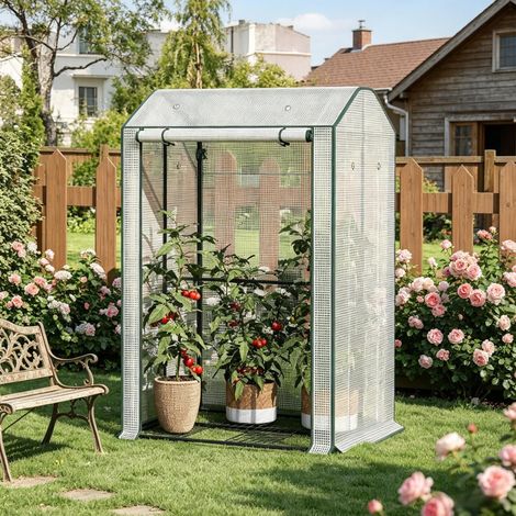 Serra per piante 100x83x150 cm, porta frontale avvolgibile con cerniera, 6 fori di ventilazione, PE e acciaio, bianco (1/5)