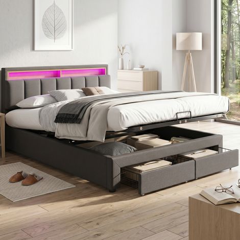 Lit polsteré 180x200 cm en lin gris éclairage LED tête de lit sommier à lattes rangement avec coffre et tiroirs cadre en métal robuste (1/5)