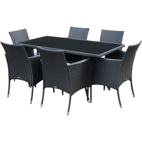 6 Seater Rattan Dining Set with Cushions, Rattan Garden Furniture Set with 6 Armchairs, Rectangular Glass Top Table, Outdoor Dining Table and Chairs, Black