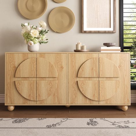 Modernluxe - Buffet moderne 160x38x76 cm - 4 portes - Étagères réglables - Pieds en bois massif - MDF - Couleur naturelle (1/5)