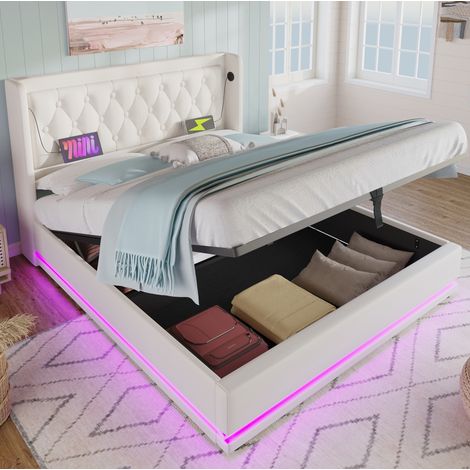Doppelbett 180x200 cm Weiß aus PU mit Stauraum, LED-Beleuchtung und USB-C Ladefunktion (1/5)