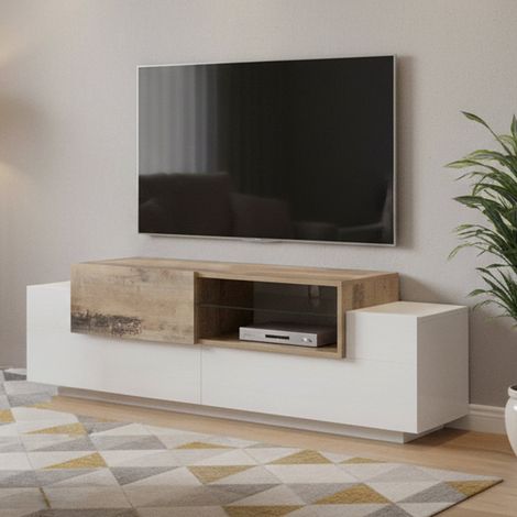 Dmora - Fernsehschrank Dlodrin, Niedriges Sideboard für Wohnzimmer, Sockel für TV-Möbel, 100 % Made in Italy, cm 160x45h51, Weiß glänzend und Ahorn (1/5)