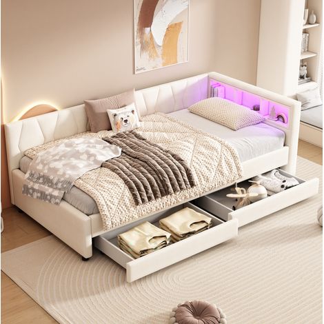 letto contenitore 90x200 LED USB MDF cassetti beige HAVRYA (1/5)