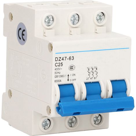 Miniatur-Leistungsschalter 3P 25A 400V 6kA, Kurzschlussschutz, DIN-Schienenmontage, 6000A Schaltvermögen (1/5)