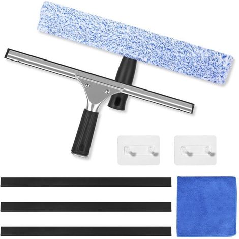 8-teiliges Profi-Fensterabzieher-Set, Fensterreinigungsset aus Edelstahl mit Silikonabzieher und Mikrofaserbürste, Fensterreiniger mit Haken für Bad, Auto und Fenster
