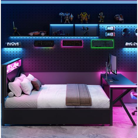 Cama gaming de plataforma 140x200 cm de metal y MDF negro con cabecero LED, escritorio LED, 2 cajones y somier de láminas (1/5)