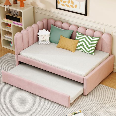 Lit gigogne - lit 140x200 cm - sommier à lattes et accoudoir souple - Velours rose - sans matelas (1/5)