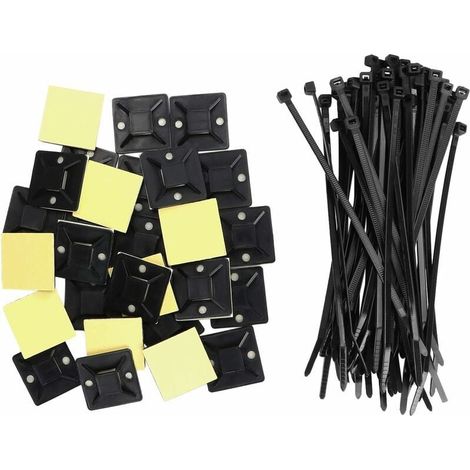 100pcs Bases d'attaches de câble auto-adhésives 25mm x 25mm Attaches de câble auto-adhésives Attaches de câble auto-adhésives Support d'attache de câble en plastique + 100pcs Attaches de câble noire (1/3)