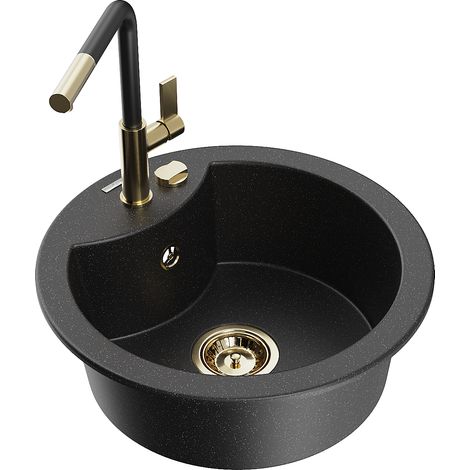 Mexen Diego 1-Becken-Granitspüle mit Mischbatterie Flora, Schwarz/Silbermetallic - 6512-73-670401-57 (1/5)